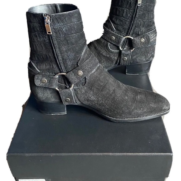 SAINT LAURENT Black Croc Wyatt Harness Boots - Picture 4 of 6